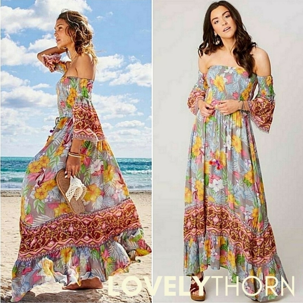 ALTAR'D STATE // flowy boho-chic floral off shoulder smocked maxi dress - Picture 3 of 16